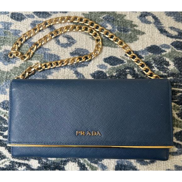 Authentic PRADA Saffiano Leather Metal Frame Continental Wallet in Blue w/COA - Picture 1 of 16